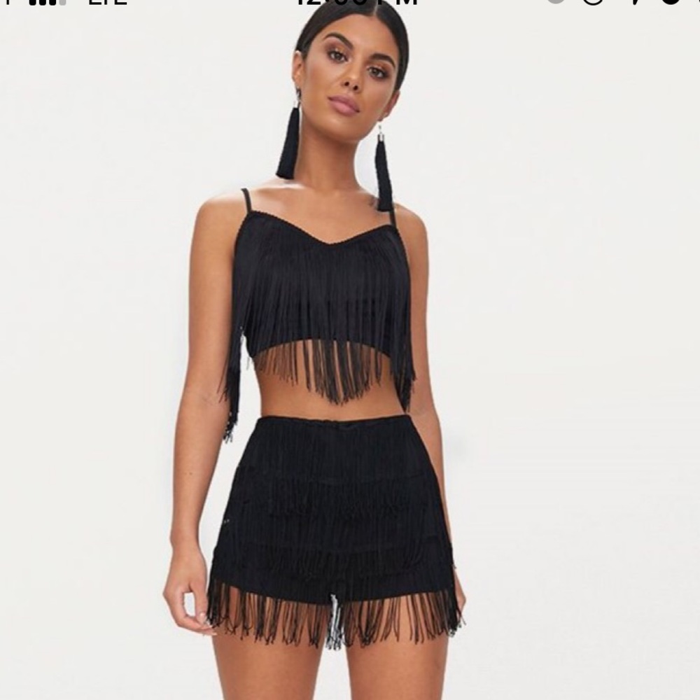 Black tiered fringe shorts